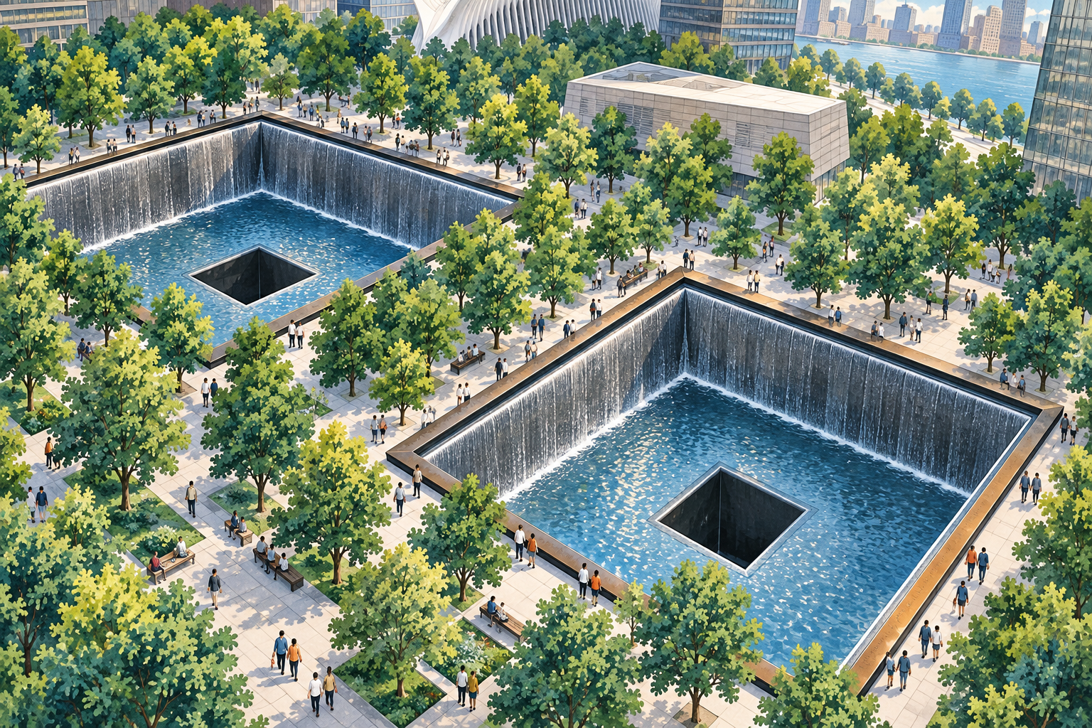 Ilustración de los dos estanques cuadrados del Memorial rodeados de árboles